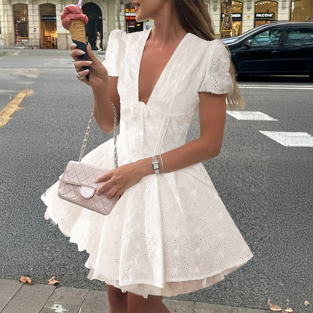 Casual Vacation Style Solid Color Hollow Dress Women