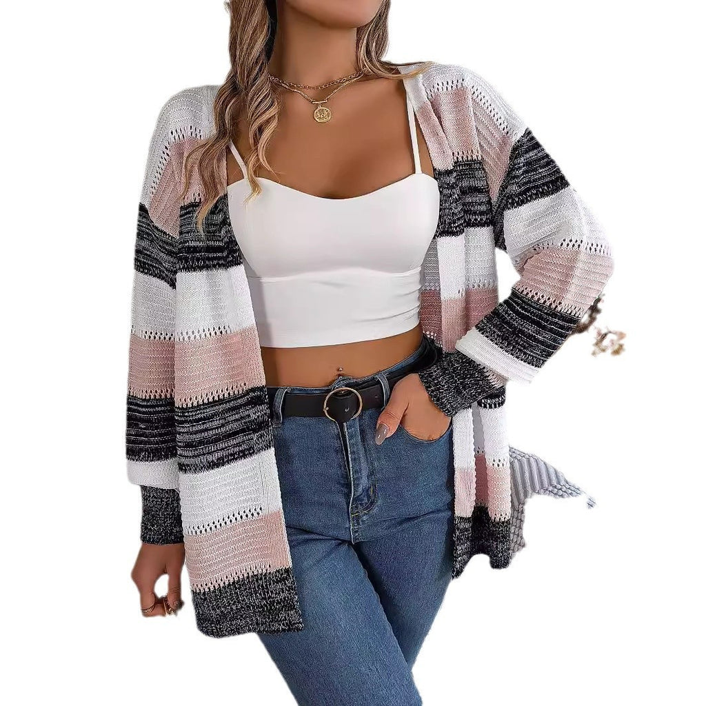 Casual Hollow Contrast Color Striped Lantern Sleeve Cardigan Sweater