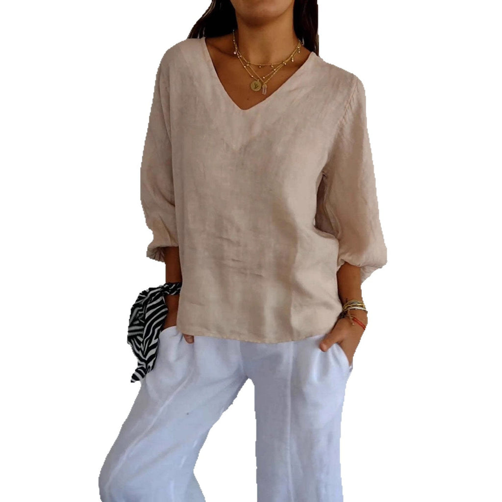 Solid-Color V-Neck Long-Sleeve T-Shirt