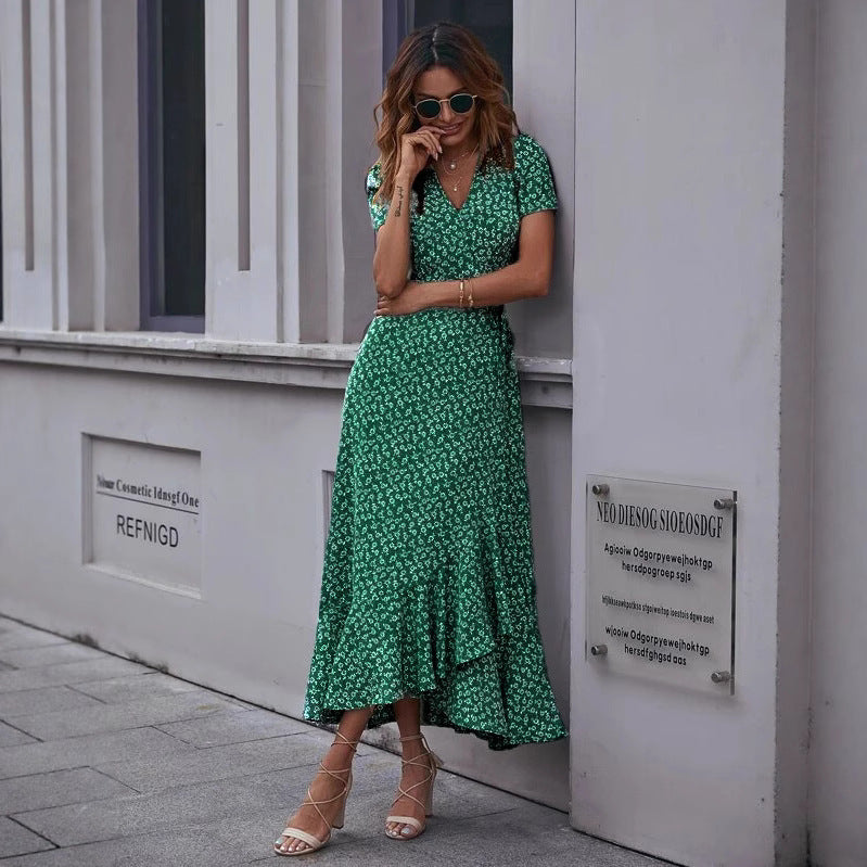 V-neck Chiffon Printed Ruffles Tied Dress