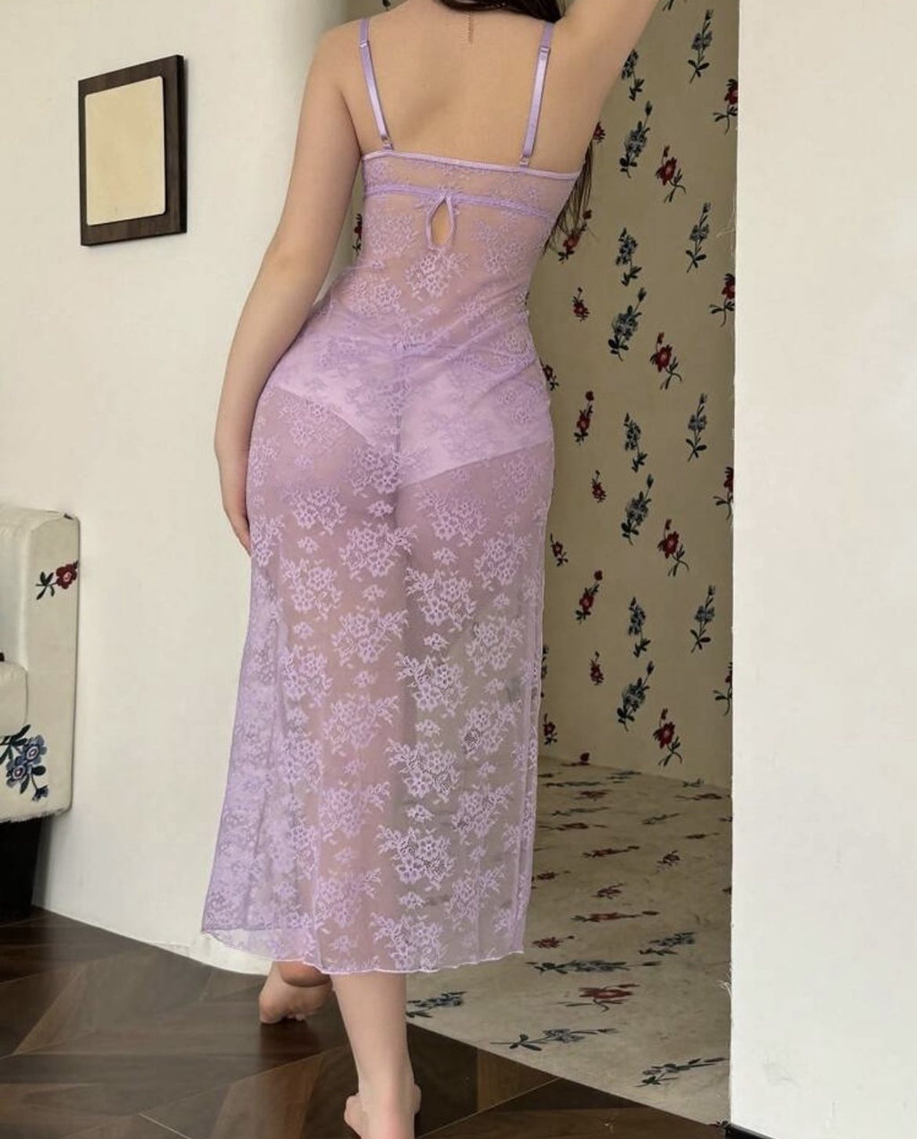 Embroidered Stockings Hollow Out Stitching Fishnet Suspenders See-through Suit