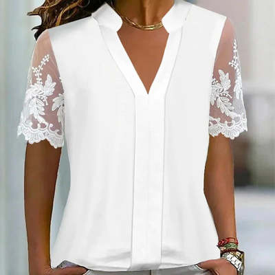 Casual White V-Neck Lace Short-Sleeve Top