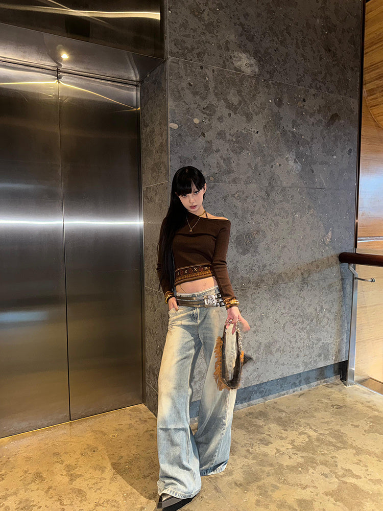 Relaxation Chic Jacquard Splicing Long Sleeved Top For Women