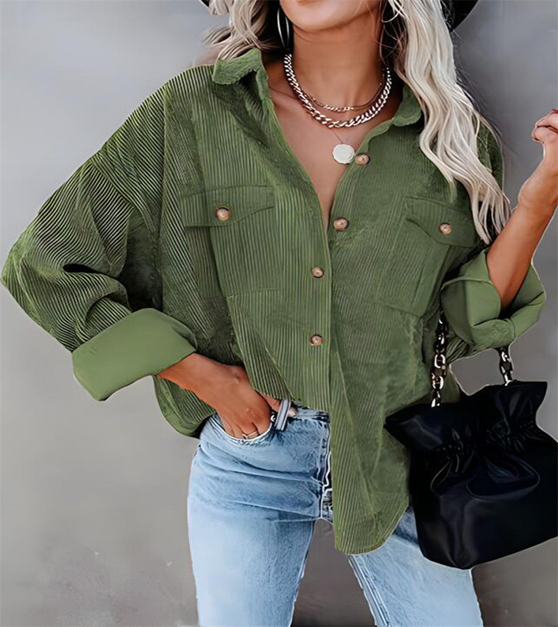 Autumn And Winter New Solid Color Button Corduroy Long Sleeve Loose Coat Women's Clothing