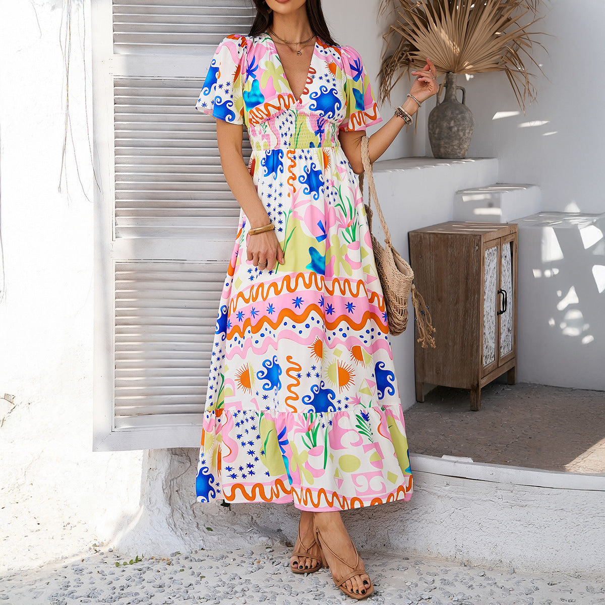 Casual Vacation Style Printed Contrast Color V-neck