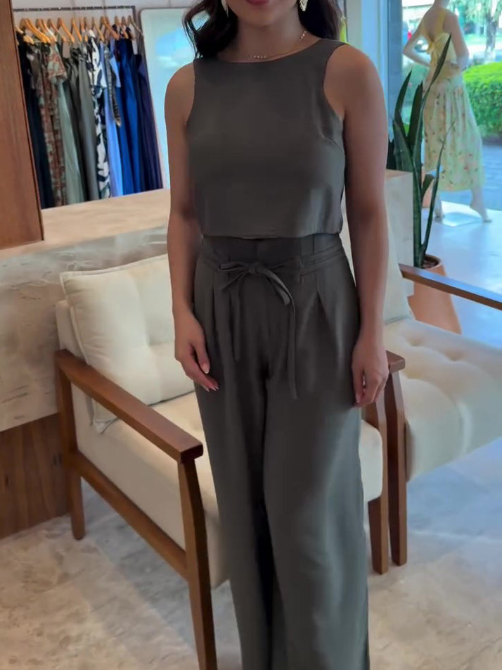Army Green Backless Bow Tie Sleeveless Top & Wide-Leg Pants Set