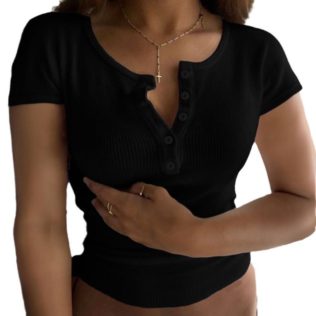 Y2g Sexy Buttons V-neck Short-sleeved Top T-shirt
