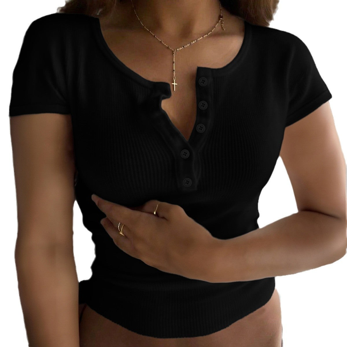 Y2g Sexy Buttons V-neck Short-sleeved Top T-shirt