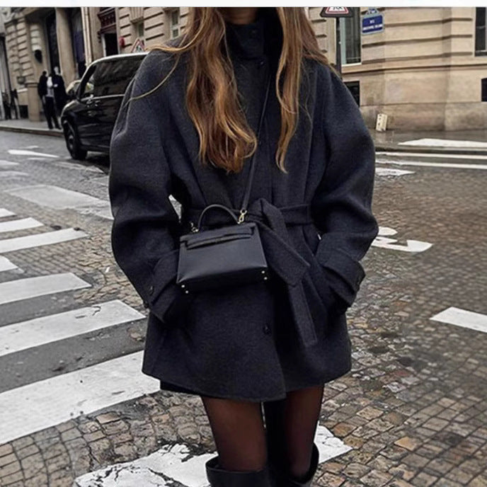Womens Wool Coat With Belt Mock Neck And Solid Color