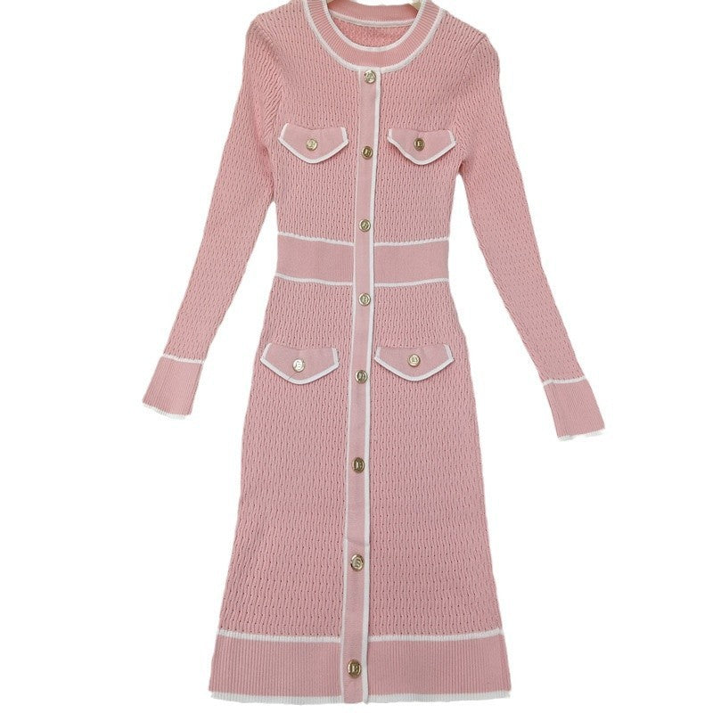 Contrast Color Four-pocket Slim Slimming Exquisite Dress