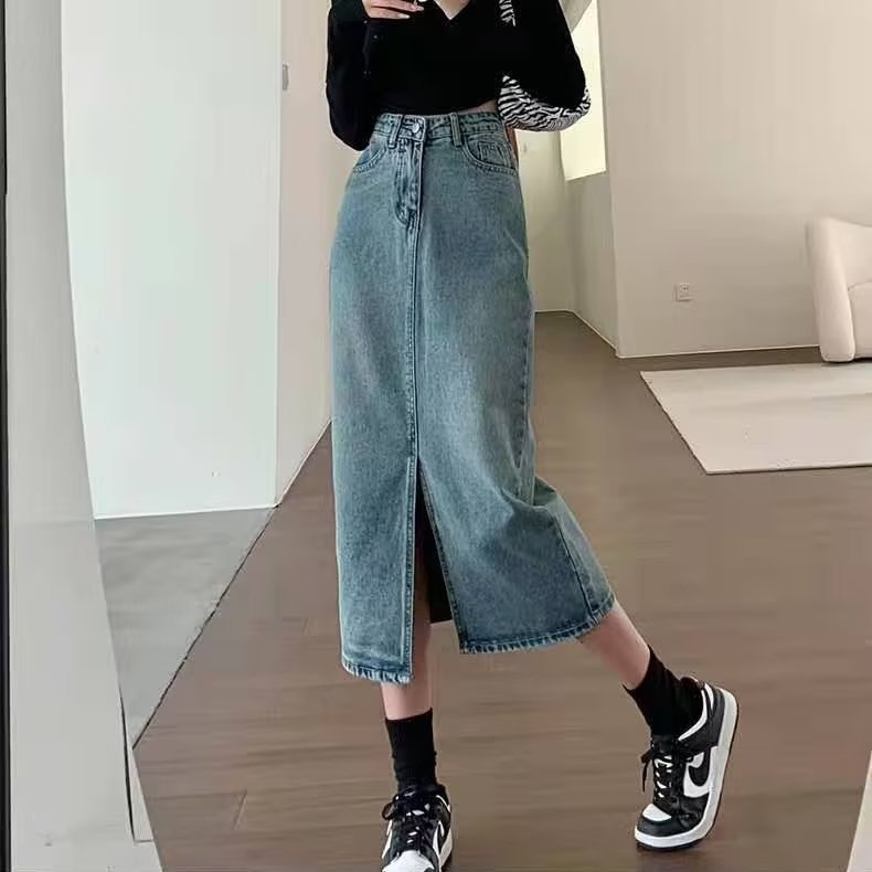 High Waist Slit Denim Skirt For Women A-line Slimming Hip-covering Design Mid-length Skirt