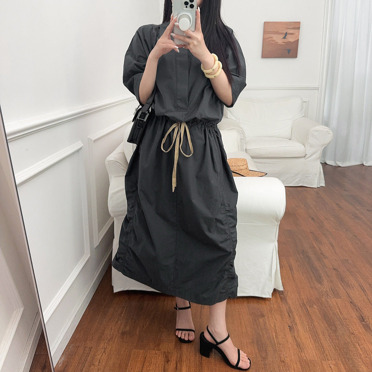 French Parachute Drawstring Waist Dress Round Neck
