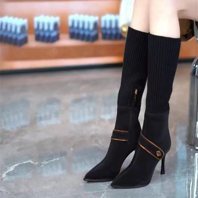 Stylish Stretchy Knit High-heeled Slim Boots With A Thin Heel For Women