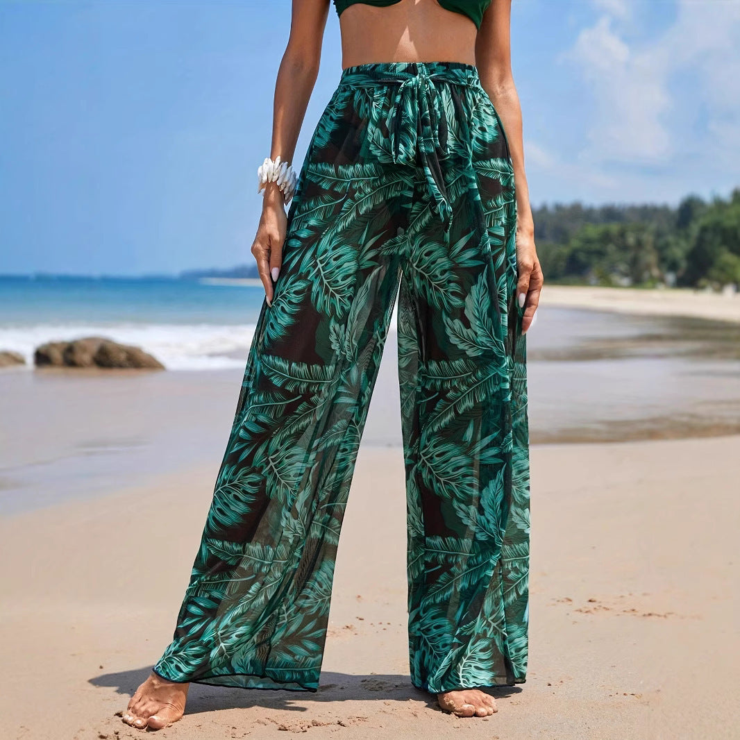 Straight-leg Pants Leaves Printed Elastic Waist Mesh Quick-drying Trousers