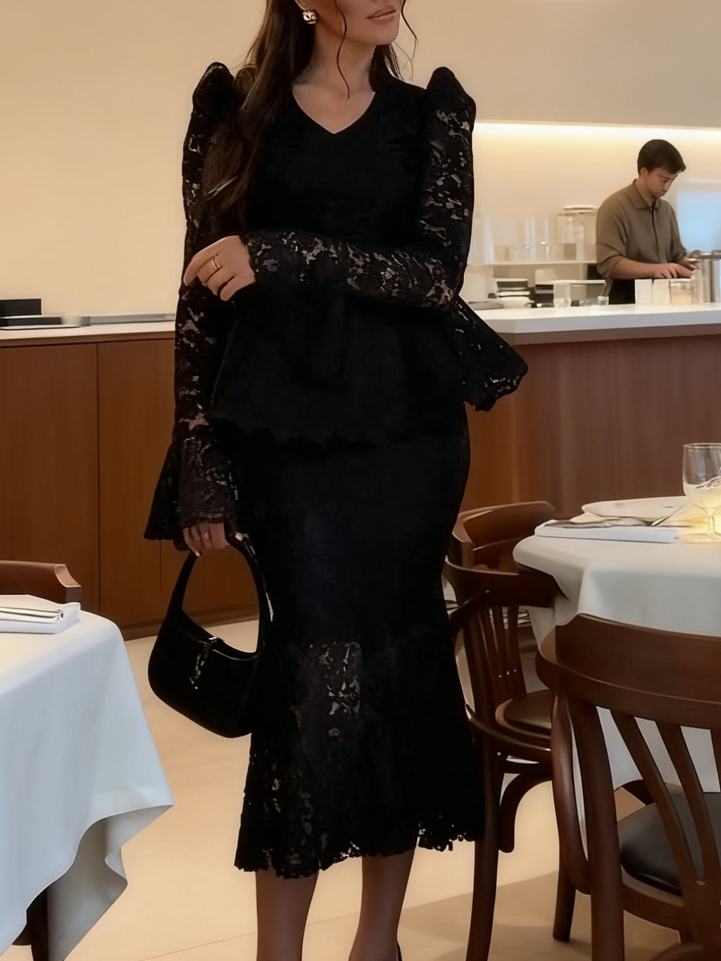 Glamorous Black Lace Peplum Top & Midi Skirt Set