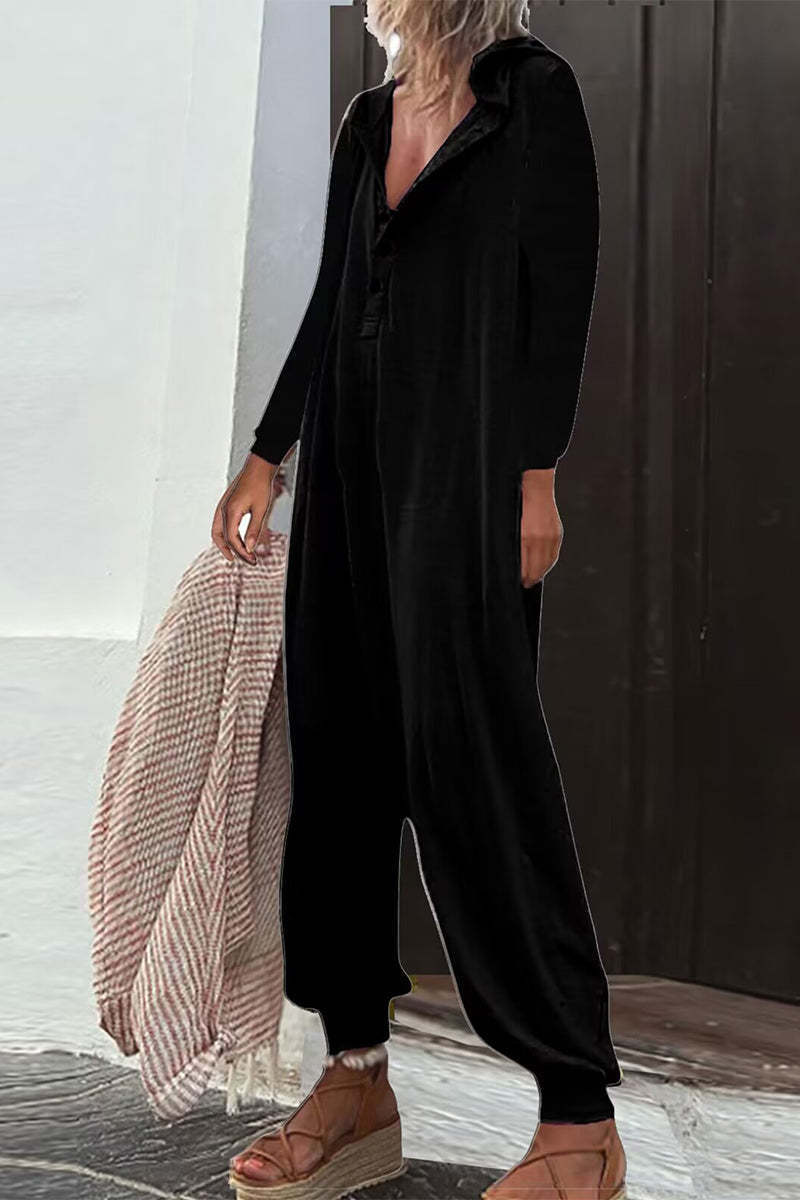 Hooded Side Pocket Long Sleeve Trousers Jumpsuit Baggy Pants