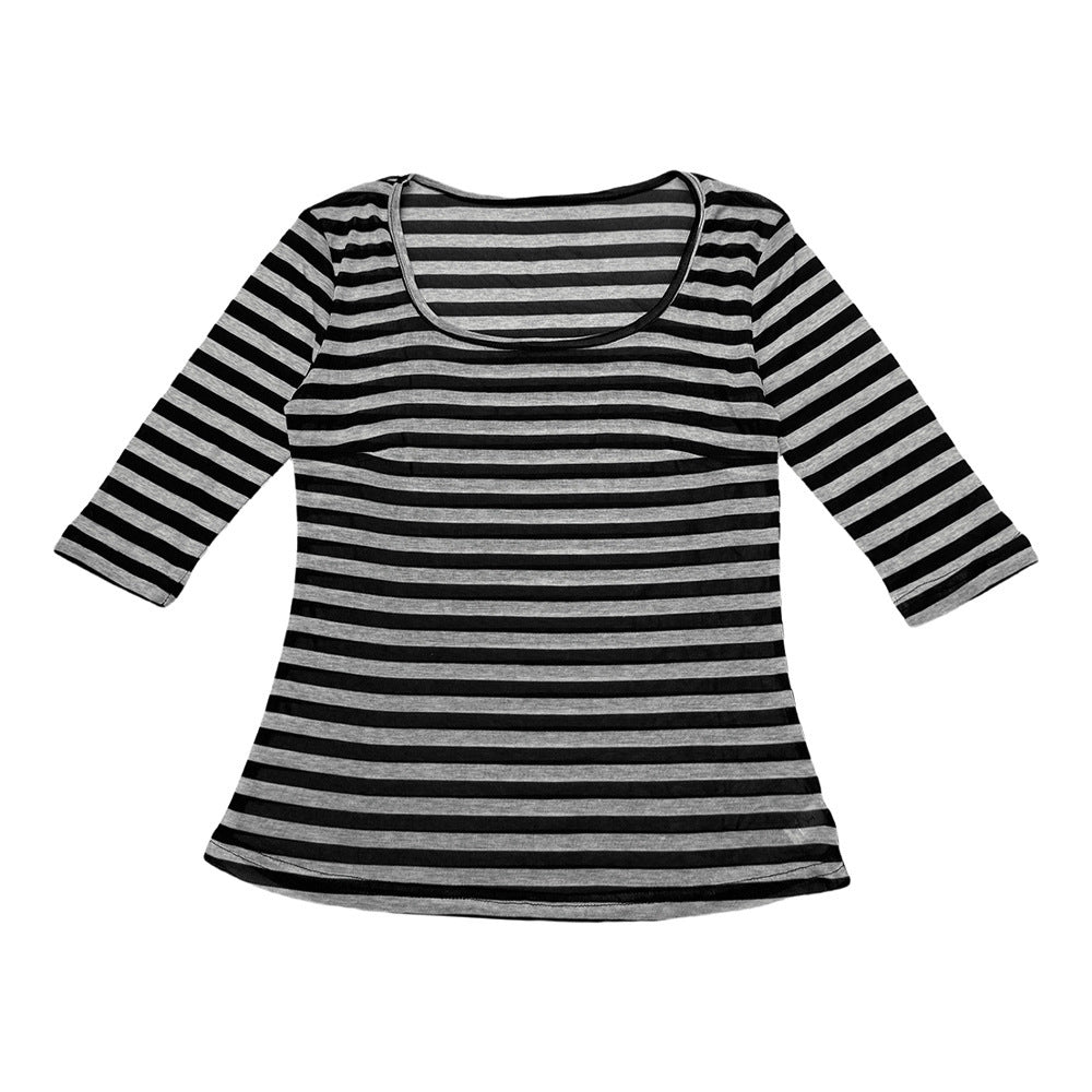 Summer U-neck Striped T-shirt Women's Elastic Mid-sleeve Top