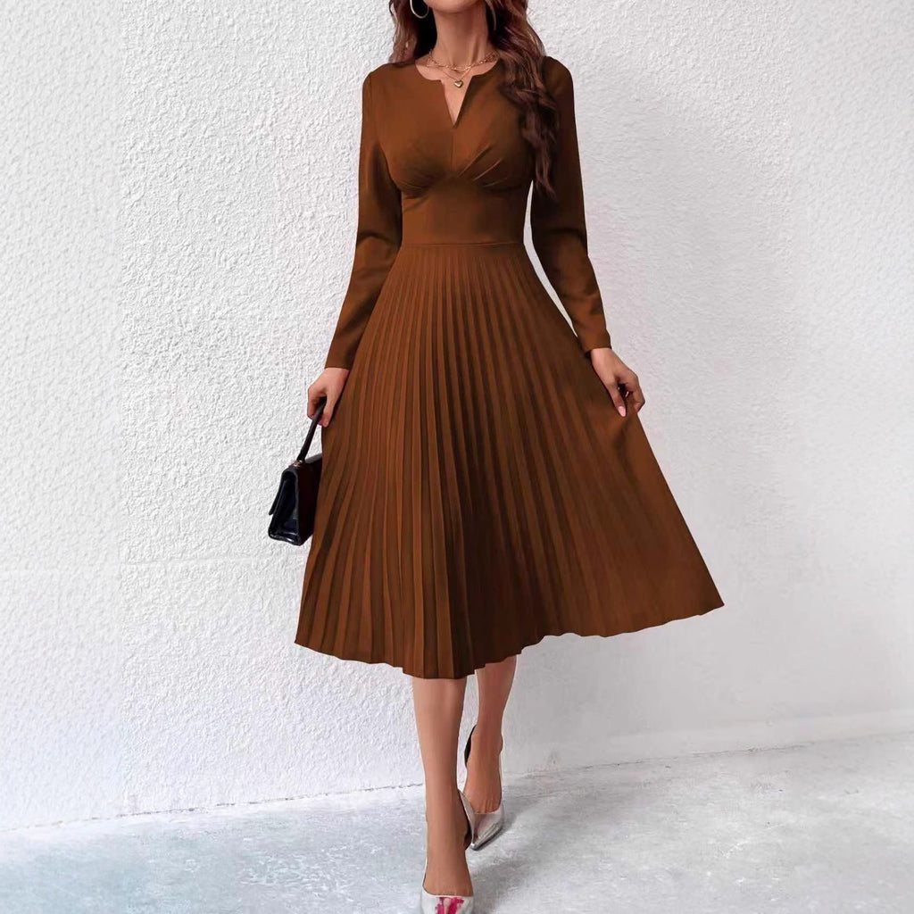 Fashionable Elegant, Solid-color Pleated Waist-cinching Slim Dress