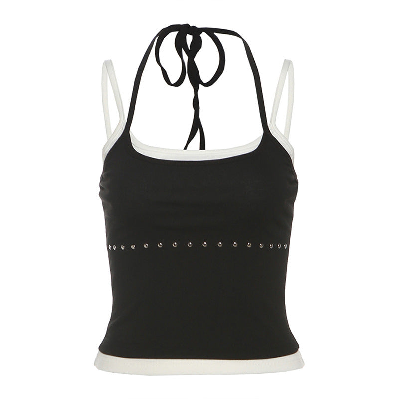 Women's Street Contrast Colors False-two-piece Halter Backless Short Vest