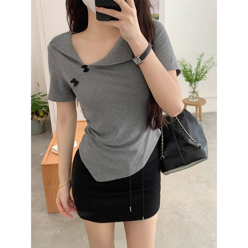 Turn-down Collar Short-sleeve Bow Pleated Waist-cinching Slim-fit T-shirt Top