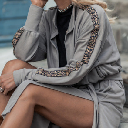 Medium Grey Aztec Accent Side Slit Open Front Long Cardigan