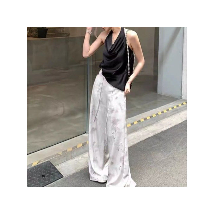 Satin Draping Effect Swing Collar Halter Spaghetti Straps Vest For Women