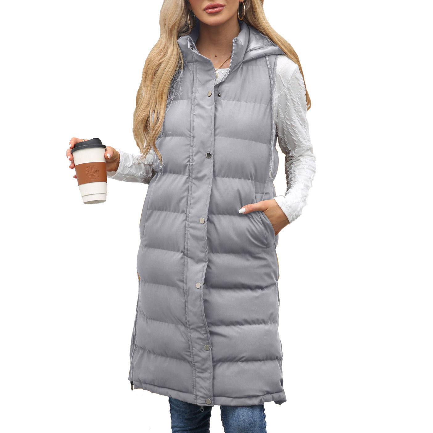 Ladies Hooded Sleeveless Zipper Cotton Padded Thickened