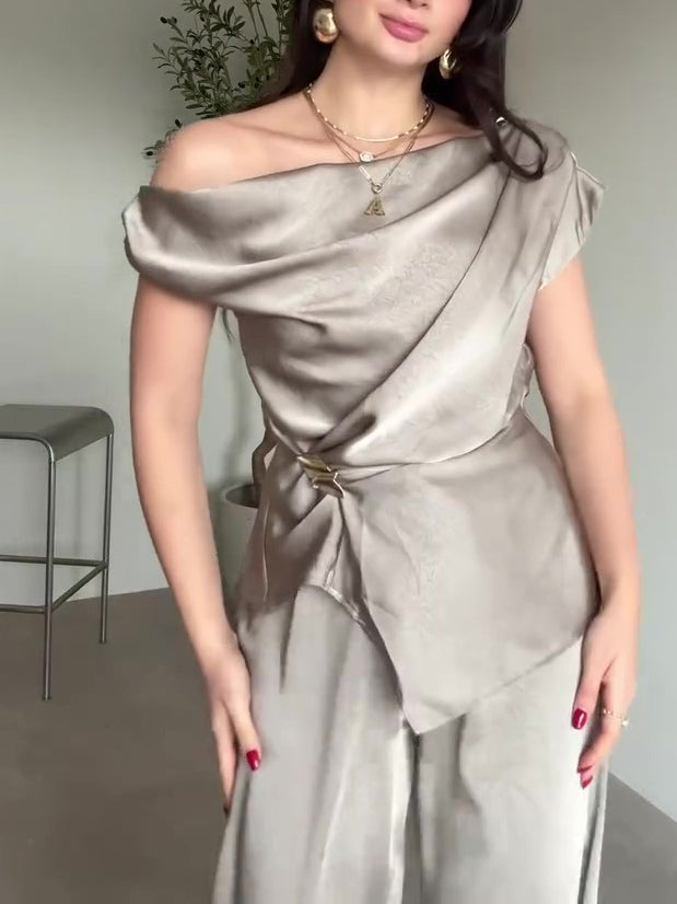 Light Champagne Satin Draped Neck Twist Top & Wide-Leg Pants Set