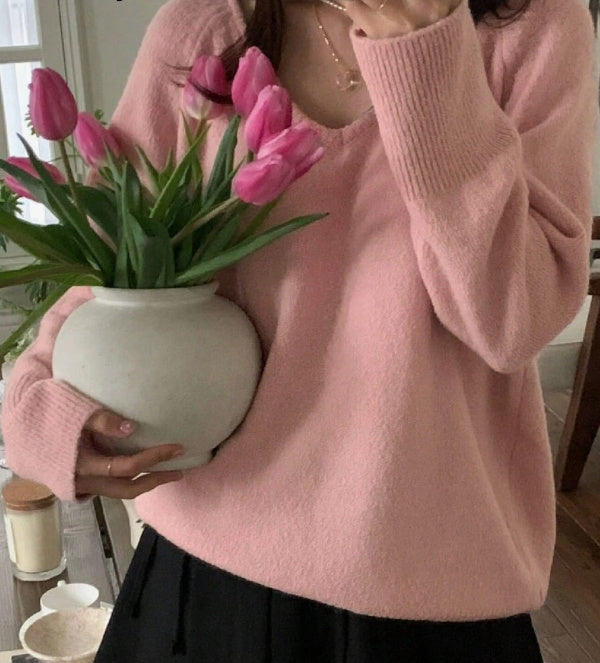 Women's V-neck Pullover Simple Solid Color