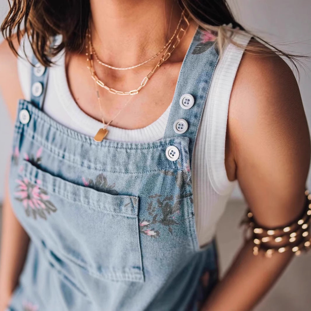 Fashion Denim Floral Print Sleeveless Strap Jumpsuit