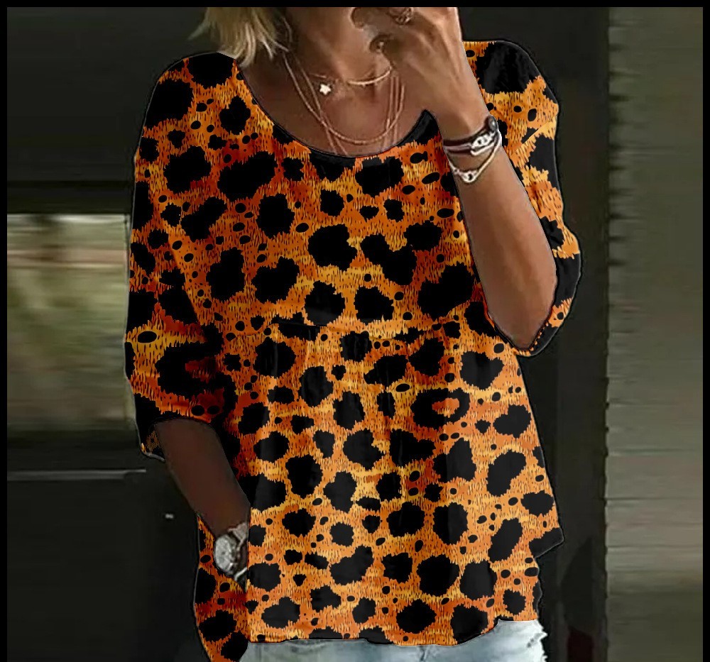 Women's T-shirt Casual Spider Bat Digital Print Mid Sleeve Pleated Round Neck Top