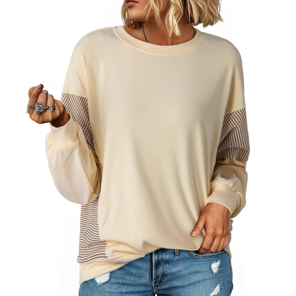 Striped Color-blocked Round Neck Versatile Casual Long-sleeved Sweatshirt