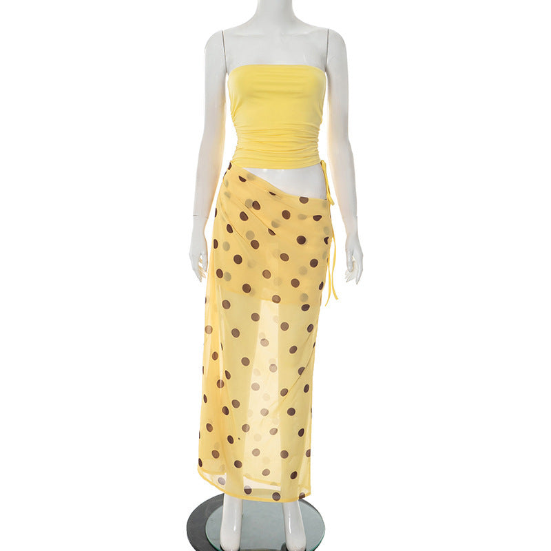 European And American Style Tube Top Hollow-out Dot Mesh Slim-fit Jumpsuit Long Dress For Women