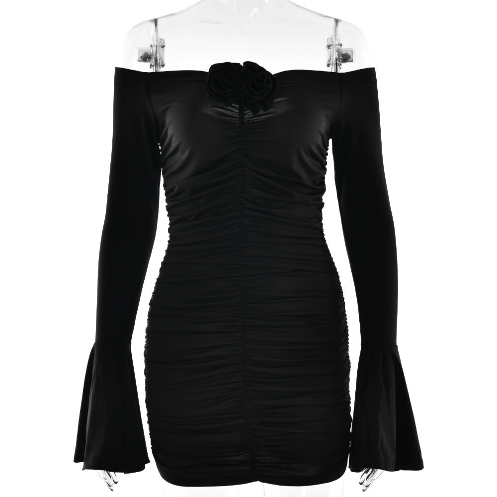 Tube Top Off-neck Sheath Lady Sexy Hot Girl Pleated Long Sleeve Dress