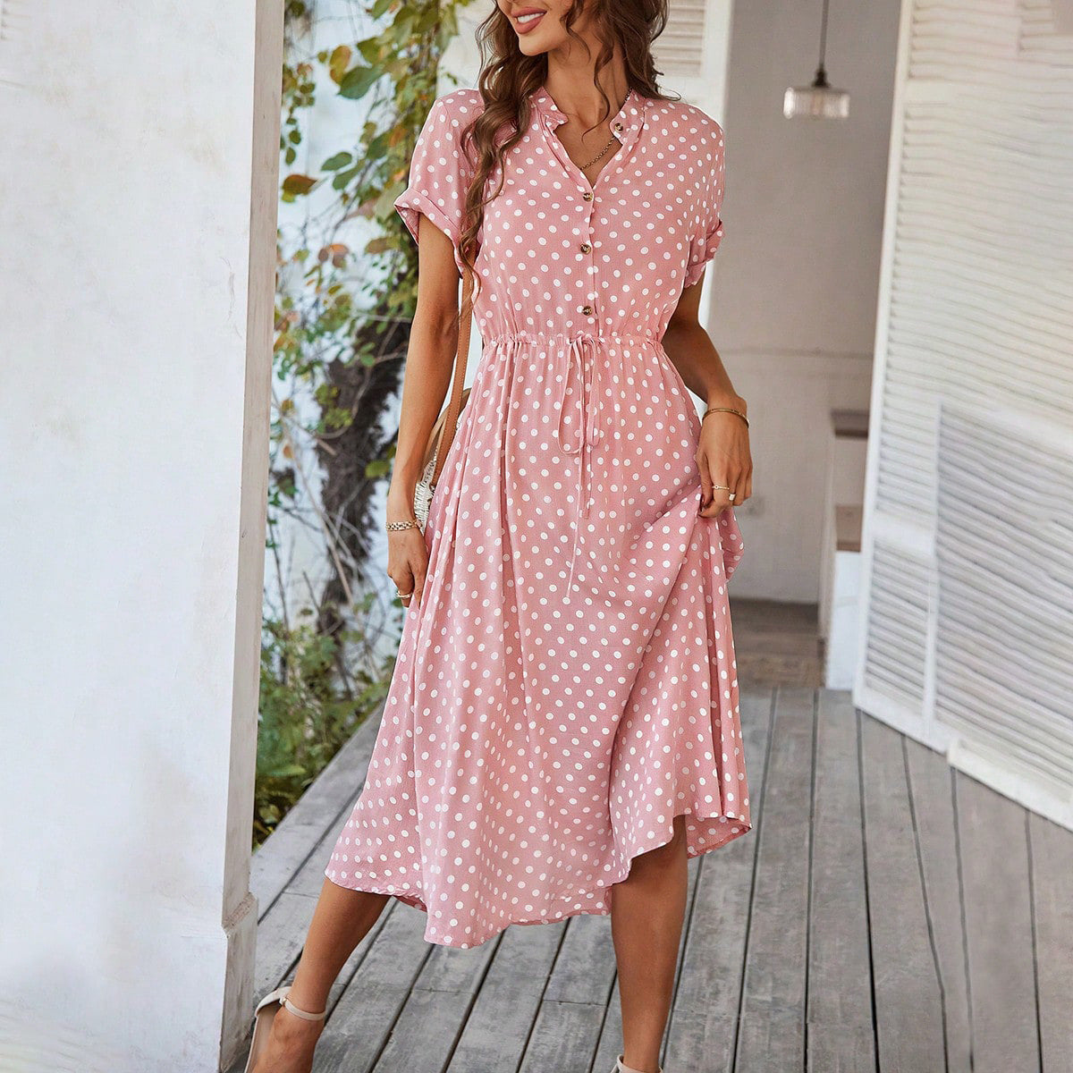 Temperament Leisure Vacation Style Polka Dot Print High Waist Lace-up Dress