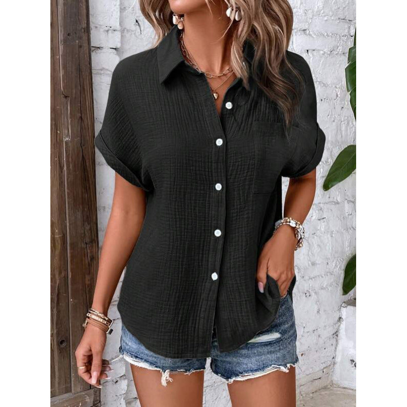Summer New Women's Pure Cotton Shirt Solid Color Casual Button Shirt With Pocket