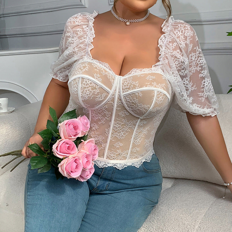 Sexy Hot Girl Lace See-through Puff Sleeve Lace New Fishbone Top