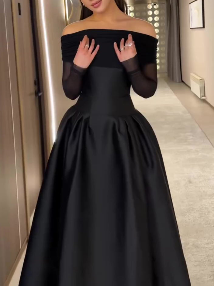 Black Off-Shoulder Mesh Long Sleeve Waist-Cinched Flared Midi Gown