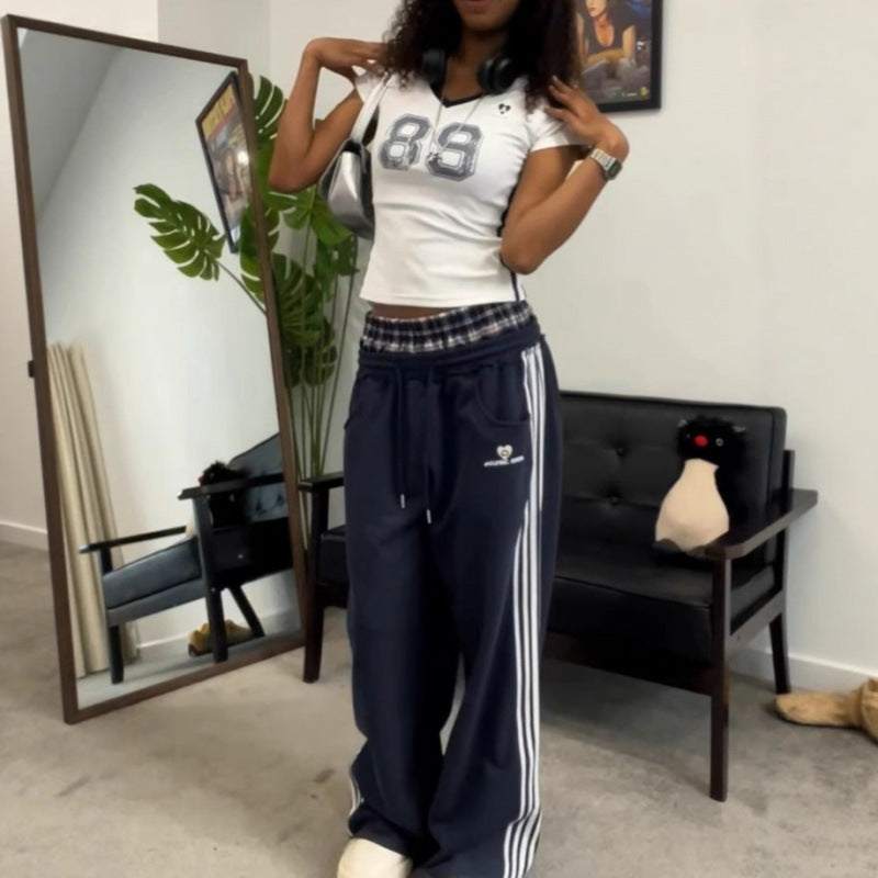 Casual Patchwork Plaid Loose Wide-Leg Pants