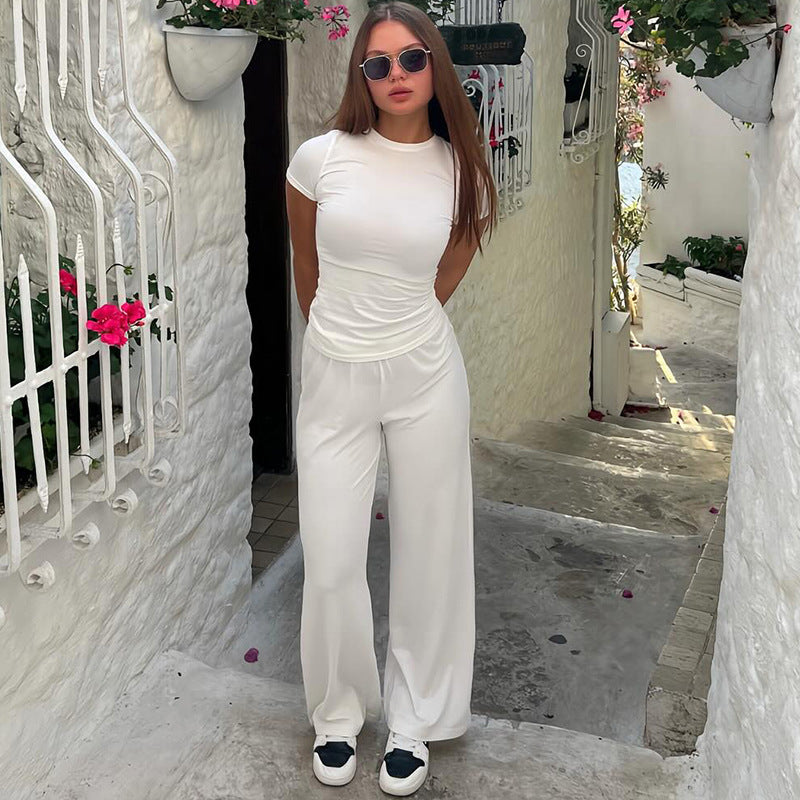 Spring And Summer Round Neck Solid Color Slim Fit Pullover Elastic Waist Wide Leg Trousers Suit