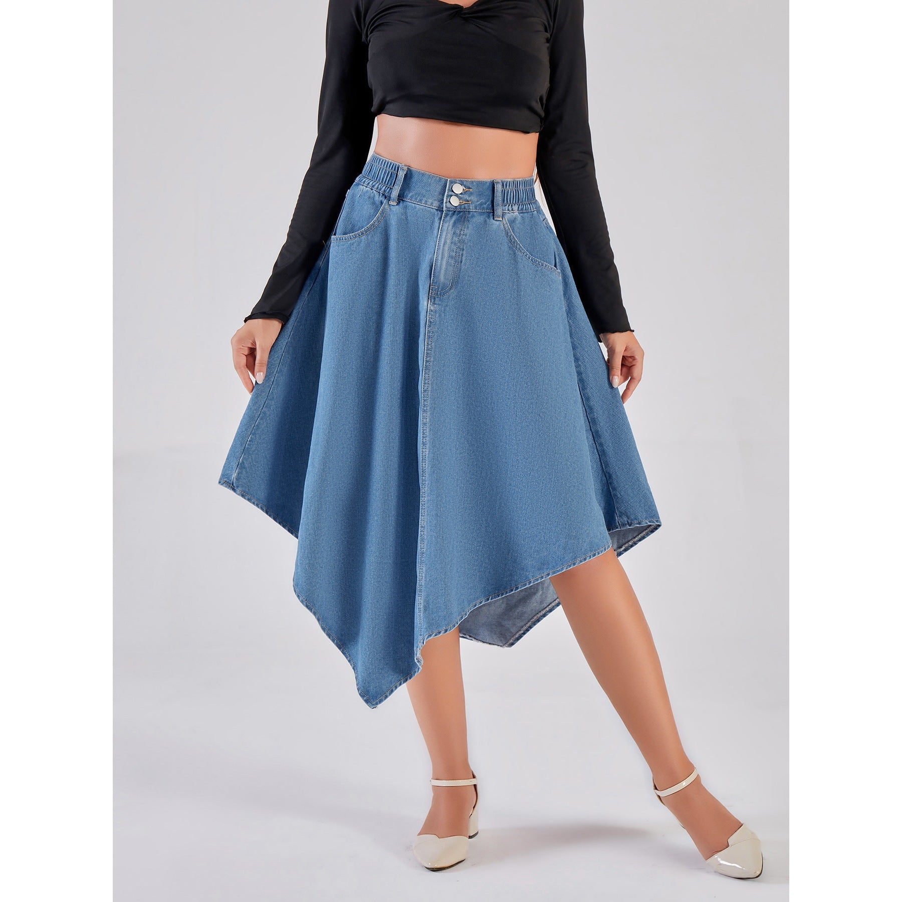 Womens Solid-Color Irregular Denim Skirt High-Waisted Denim Skirt