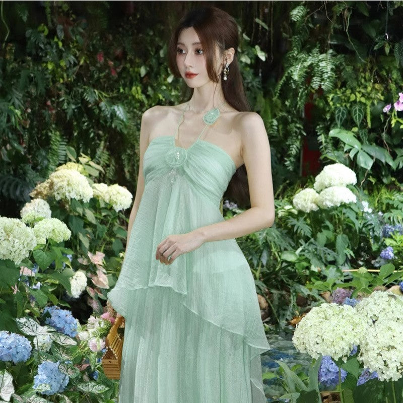 High-end Design French Chic Beach Dress Seaside Vacation Mint Mambo Green Halter Dress