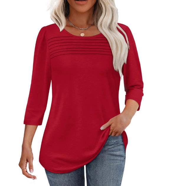 Ladies' Autumn And Winter Round Neck Three-quarters Sleeved Chest Tuck Line Pleated Top