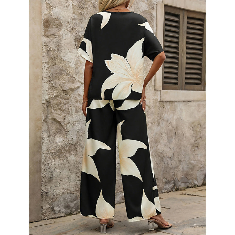 Printed V-neck Batwing-sleeve Top And Long Pants Two-piece Set