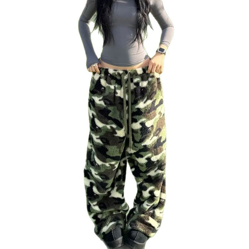 American-style Camo Jacquard Retro Autumnwinter Lambswool Thermal Loose Wide-leg Casual Pants