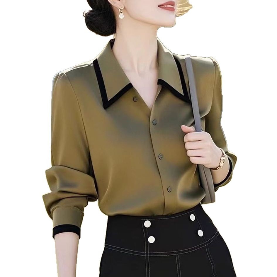Fashionable High-end Olive Green Lapel Long-sleeved Shirt