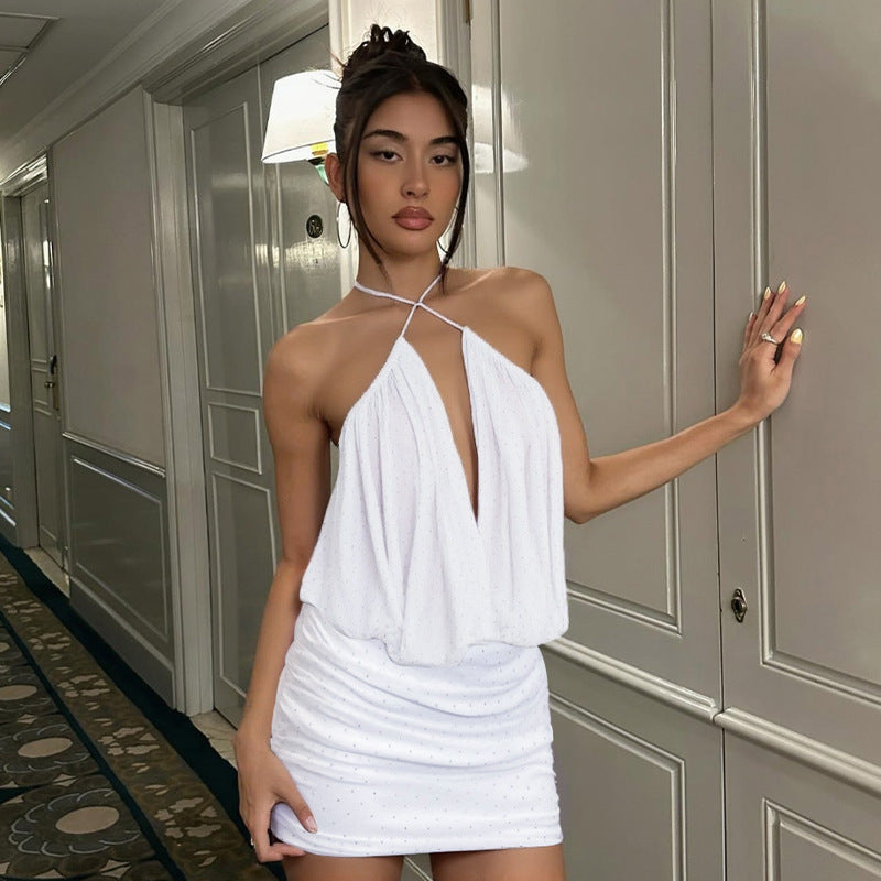 Off-the-shoulder Mesh Ruffled Rhinestone Dress For Women