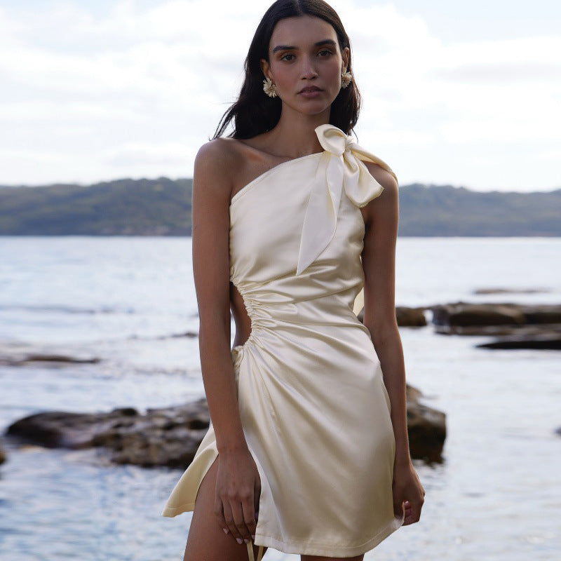 French Style Crossbody Bow Waist Slit Temperament Pure Color Dress