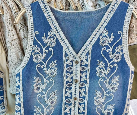 Heavy Industry Crochet Embroidery Denim Waistcoat Vest