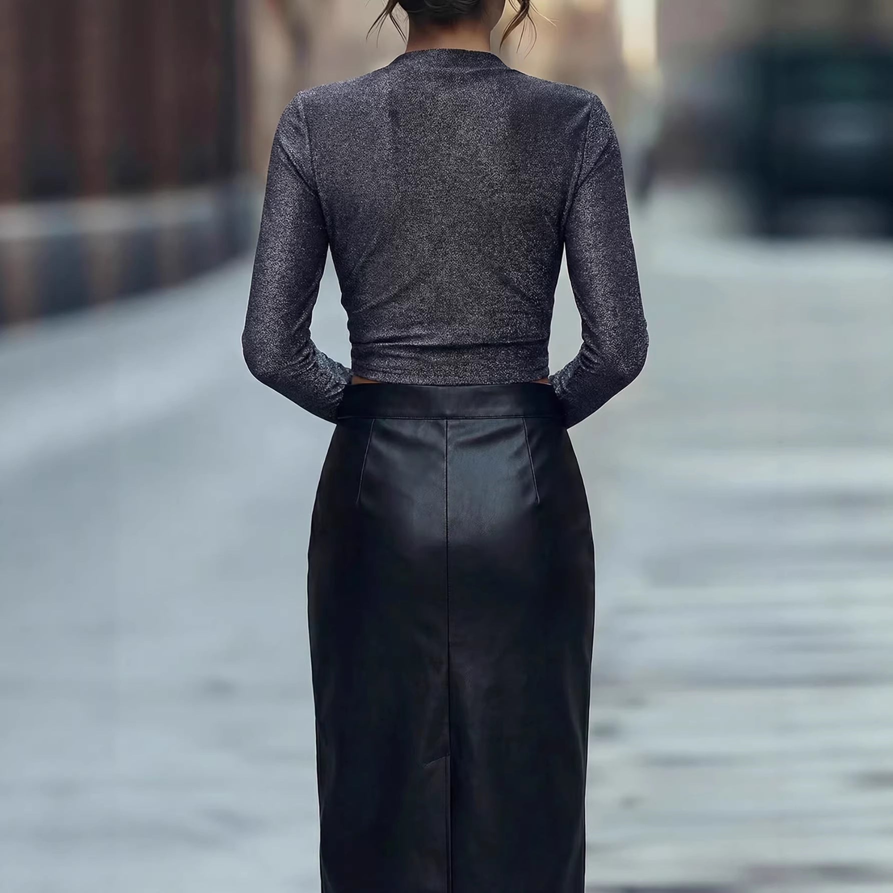 Stylish Silver-Gray Shiny Silk Slim-Fit Long-Sleeve Top For Women